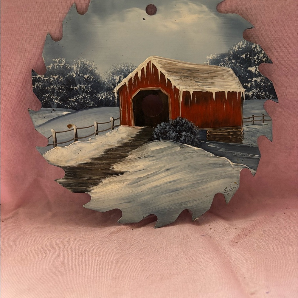 Vin folk art covered bridge in winter.